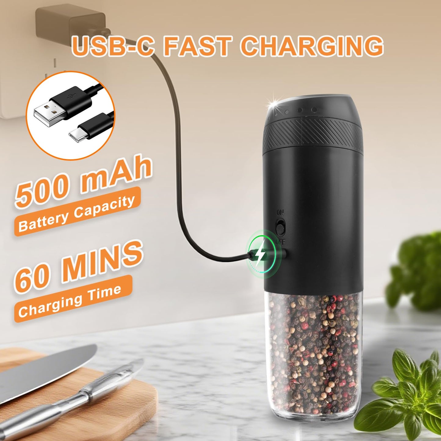 Gravity Electric Salt and Pepper Grinder Set Rechargeable, External Adjustable Coarseness, Automatic Salt and Pepper Shakers Mill with LED Light, 6oz/176ml Large Capacity, House Warming Gifts (2 Pack)