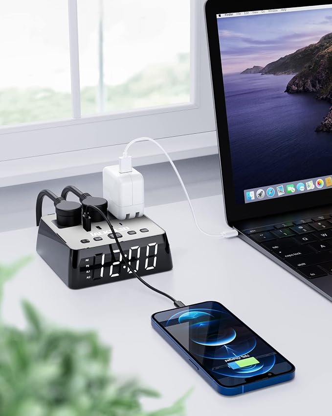 JACKYLED Alarm Clock with 4 USB Chargers, Power Strip 3 Outlets, 1700J