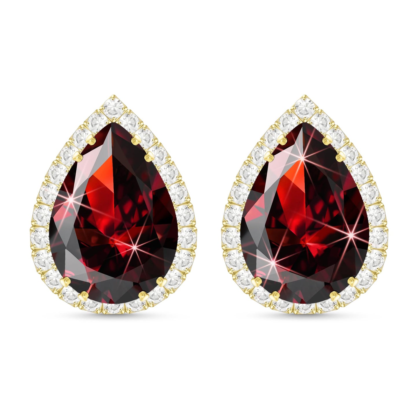 Linawe Red Imitation Diamond Stud Earrings for Women, Gold Cubic Zirconia Earrings Studs, Iridescent Teardrop Statement Rhinestone Garnet Crystal Earrings Set, Costume Wedding Jewelry