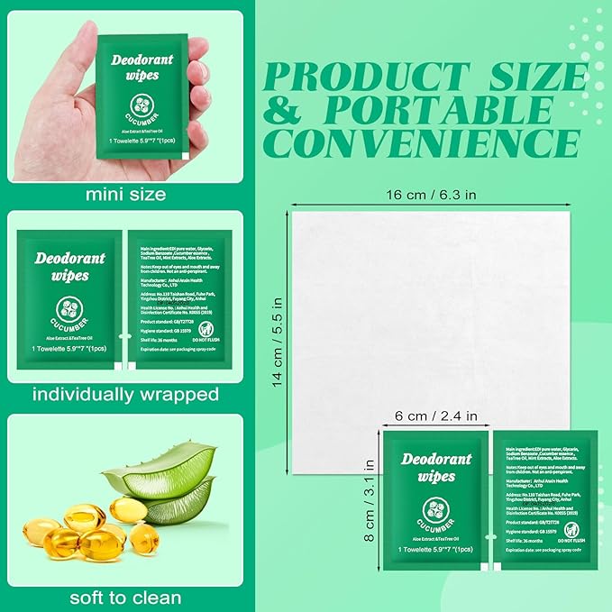 Travel Deodorant Wipes Individually Wrapped,Body Wipes to Clean Skin for Women Men（Cucumber,pack of 200)