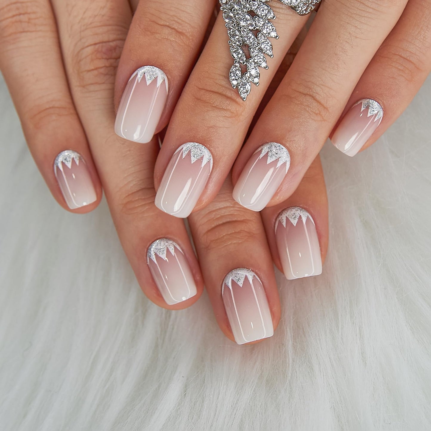 CurvLife Press on Nails Short Square Acrylic Fake Nails with Apricot Design Full Cover False Nails Glossy Nude Glue on Nails Artificial Stick on Nails for Women (Crystal Bloom Light)