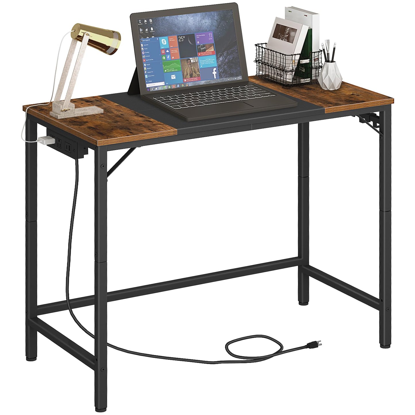 HOOBRO Computer Desk, Home Office Desk with Power Outlet, Modern Study Writing Desk with 3 Hooks for Study Room, Home Office, Sturdy and Stable, Easy to Assemble, Rustic Brown and Black BF40UDN01
