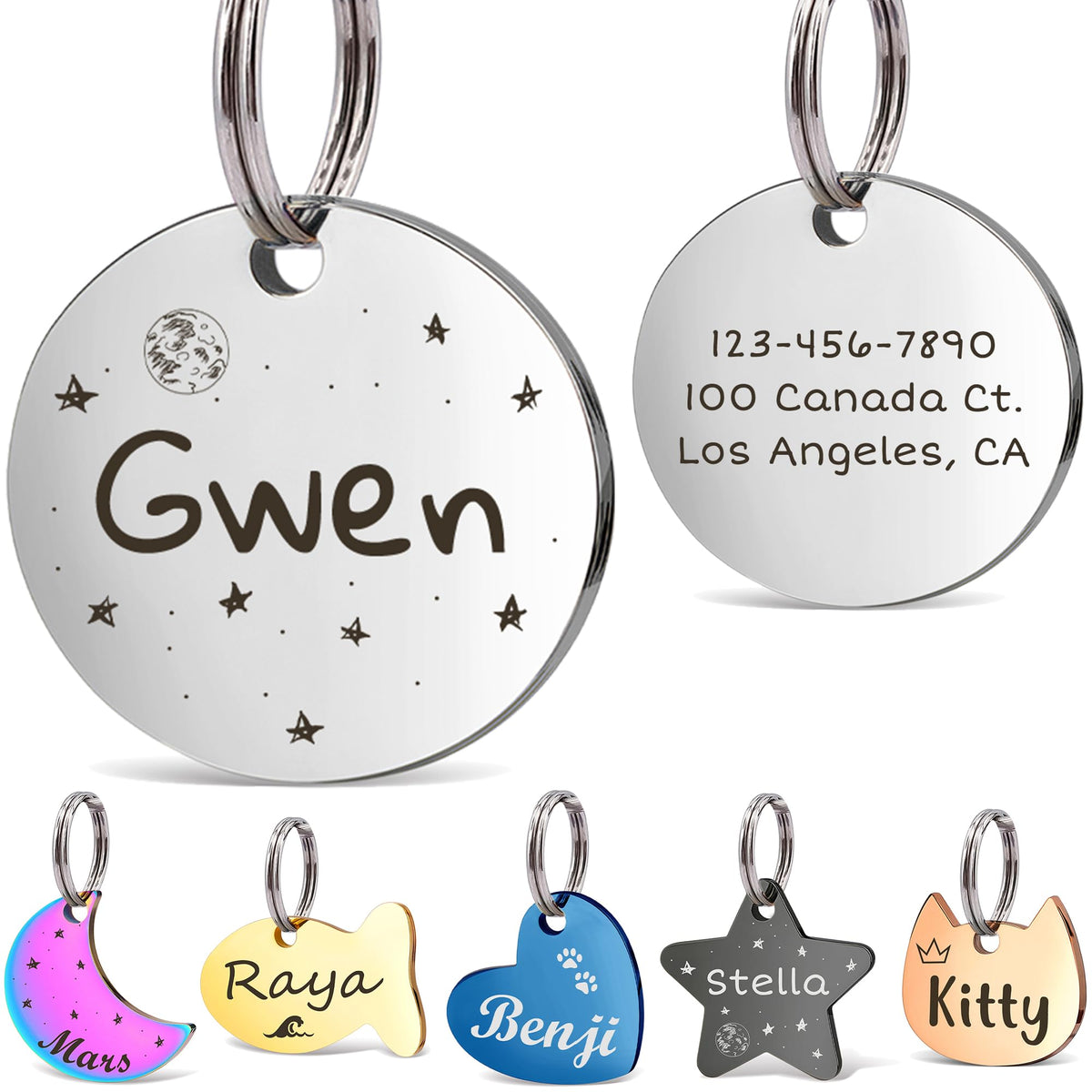 Anavia Small Size Dog Cat ID Tags, Small/XS Personalized Color Plated Stainless Steel Puppy Kitten Name Tags, Customized Engraved Nameplate Pet Collar Tag (Blue, Star)