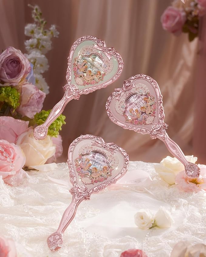 Flower Knows Midsummer Fairytales Hand Mirror,Vintage Heart Handheld Mirror,Fancy & Pretty Princess Handheld Mirror with Long Handle,Gift for Girls & Women(White Vanilla)