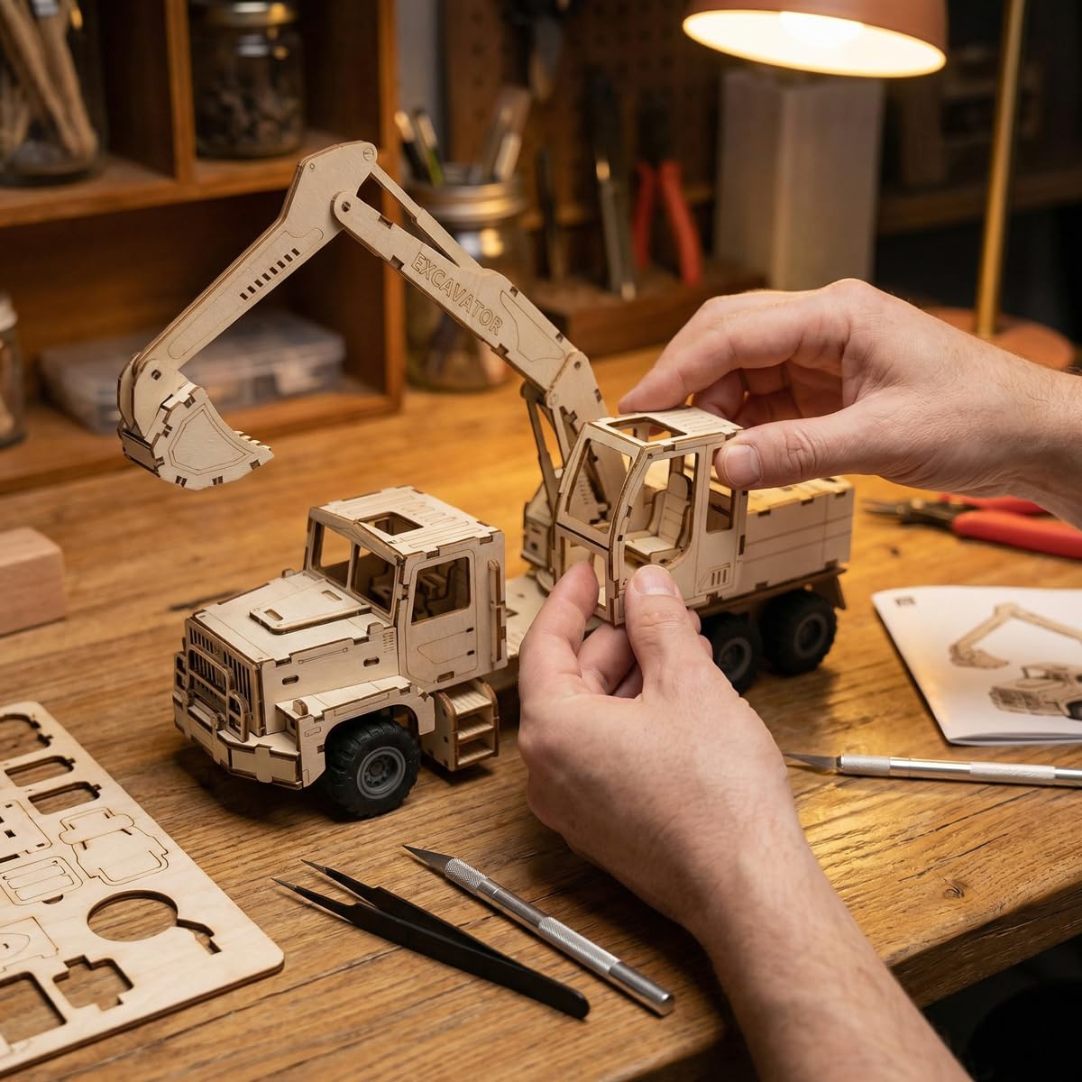 Adult 3D Wooden Excavator Assembly Kit, DIY Wind-Up Mechanical Model Building Set, Educational STEM Puzzle Desktop Toy, Ideal as a Birthday Gift or Decorative Display for Teens Aged 14 and Up.