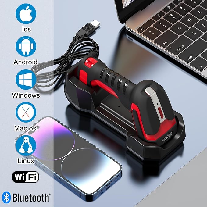 Symcode 2D QR Industrial Barcode Scanner with Wireless Charging Stand, Rugged Heavy Duty 2000 Feet Transmission Distance 433Mhz 2-in-1 Bluetooth & Wireless Hands-Free Barcode Reader for Laptop Tablet