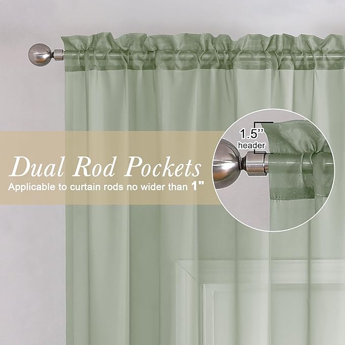 Lecloud Sage Green Sheer Curtains 63 Inch Length 2 Pcs, Dual Rod Pockets Light Filtering Window Curtains for Bedroom, Farmhouse Voile Solid Drapes for Living Room Bathroom, Each Panel 59" W x 63" L