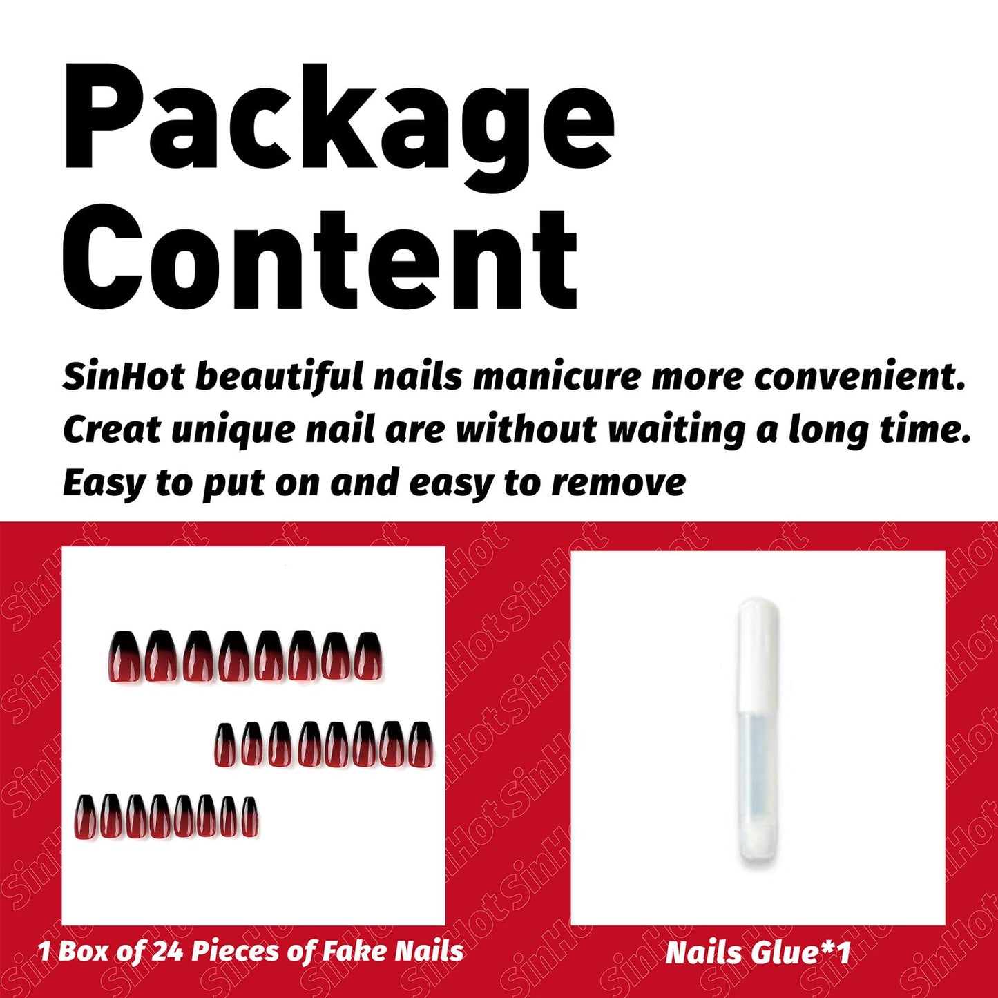 SINHOT Medium Press on Coffin Fake Nails - Black Red Goth Ballerina Acrylic Glossy Glue on Stick on False Nails with Design - 24pcs