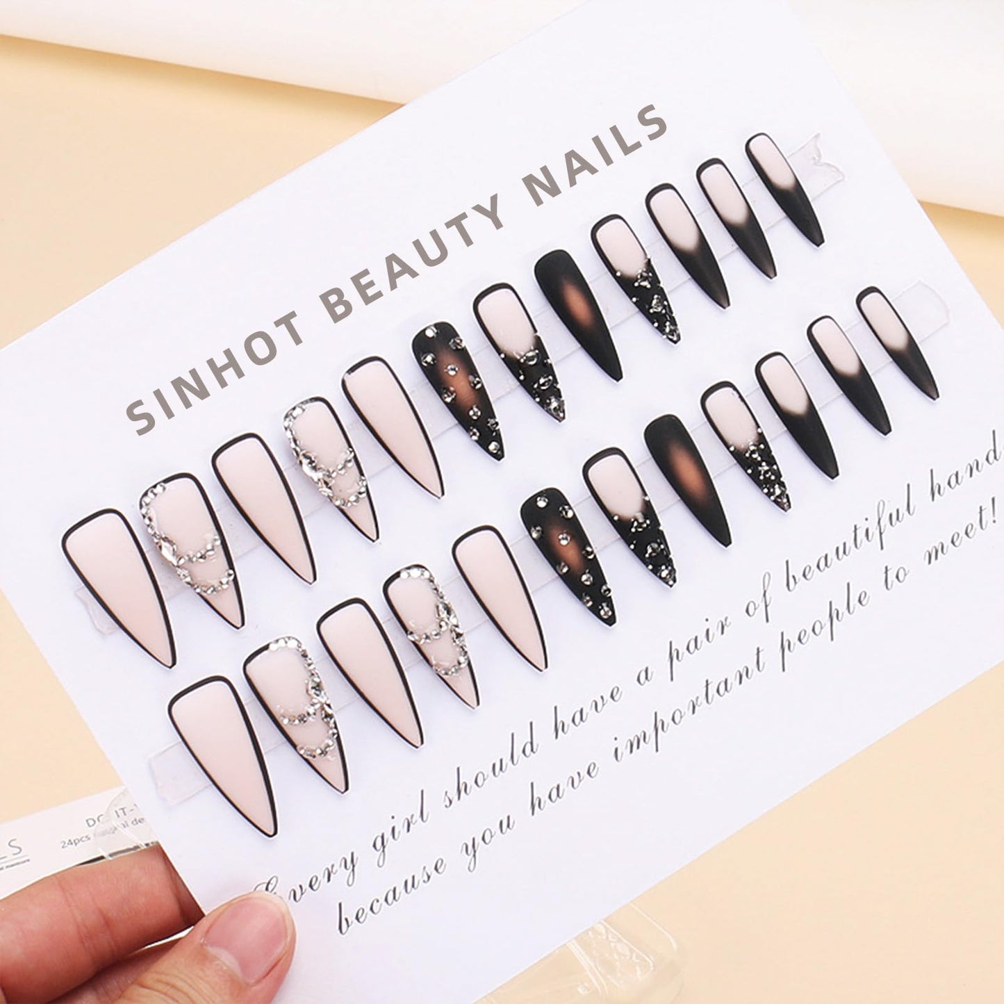 SINHOT Stiletto Press On Nails - Long, Matte & Glossy Black Ombre Acrylic Nails - Rhinestone Design, 24pcs