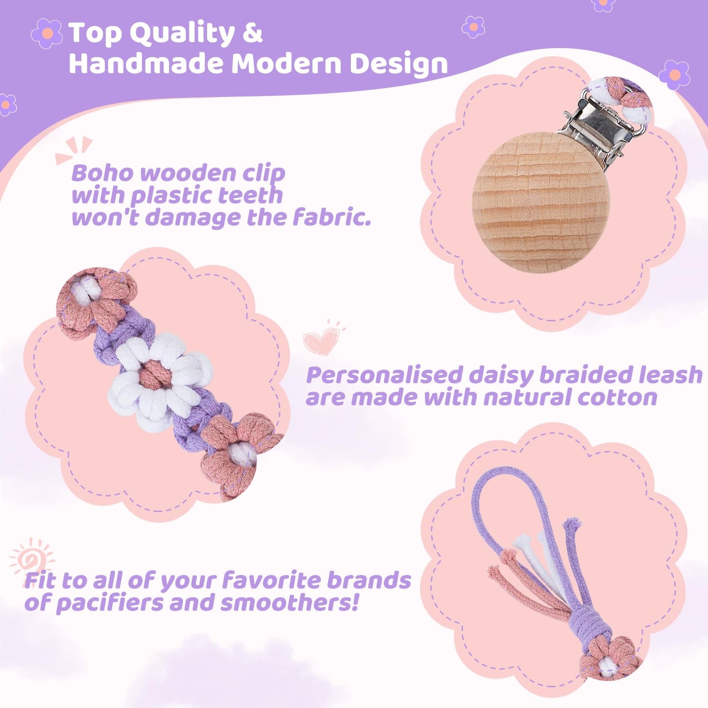 Symbolife Pacifier Clip for Boys Girls Floral Daisy Macrame Baby Paci Clip Pacifier Holder Leash Boho Wooden Clips Handmade Braided Cotton Binky Clips (2pack:Lavender Style × 2)