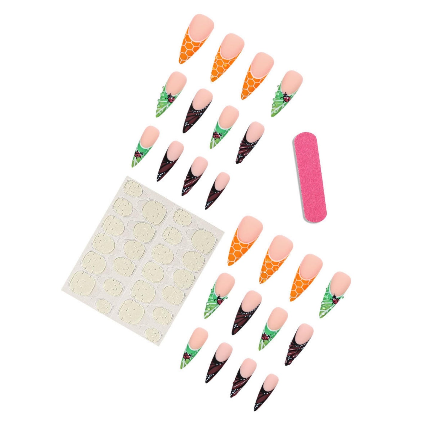 Long Press on Nails Stiletto Fake Nails Green Acrylic Nail Press ons Seeneey Brown Butterfly Designs Stick on Nail for Women 24pcs