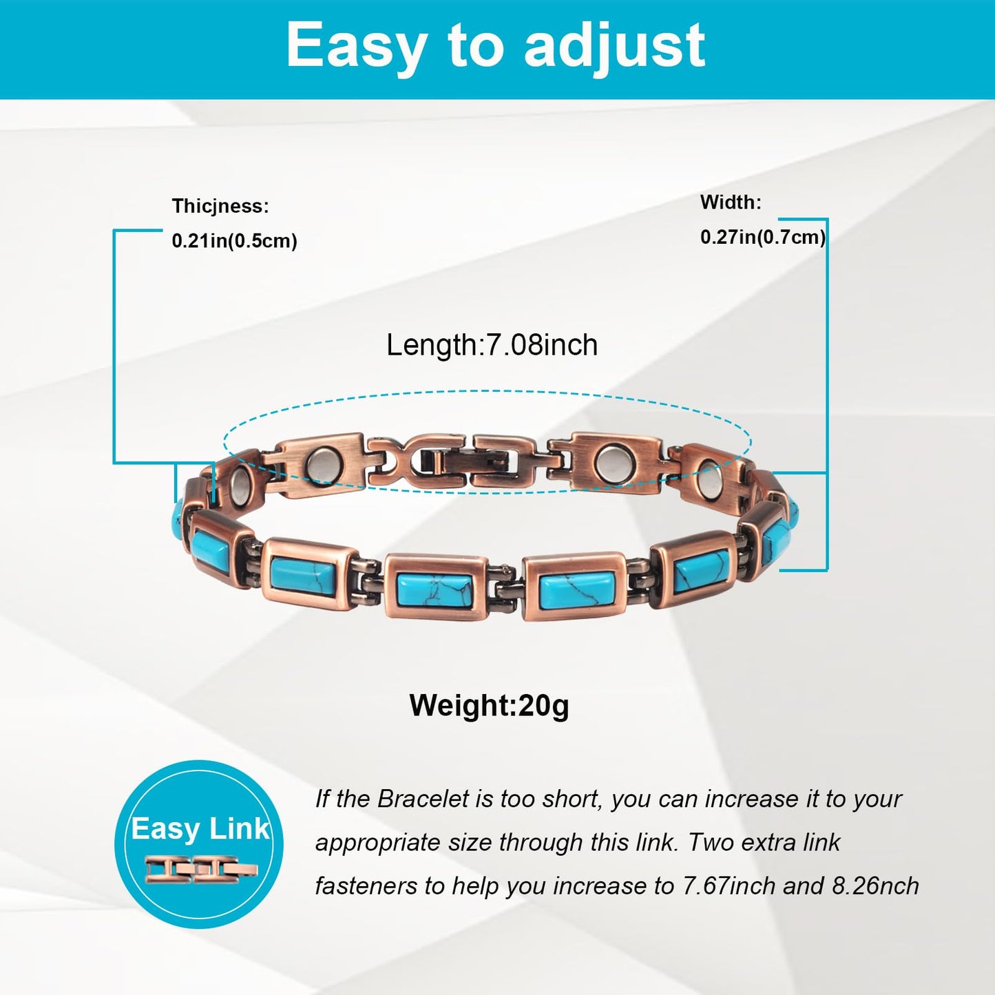 EnerMagiX Copper Bracelets for Women, 7.48inch Adjustable Blue Turquoise Magnetic, Fashion Jewelry Present (0170)