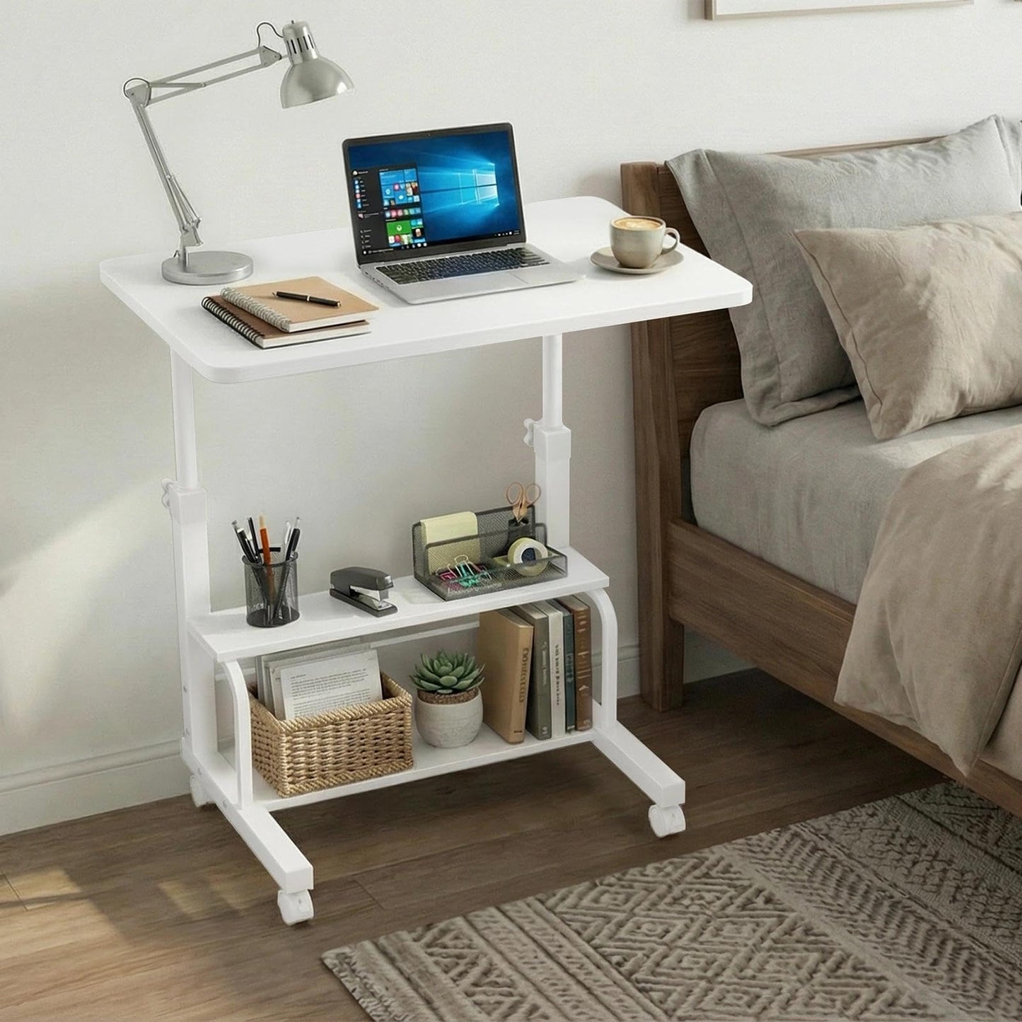WINAZ Small Portable Laptop Rolling Desk - 32" White Mobile Kids Desk with Wheels for Small Spaces, Height Adjustable C Shaped Side Table with 2-Tier Storage Shelves for Bedroom