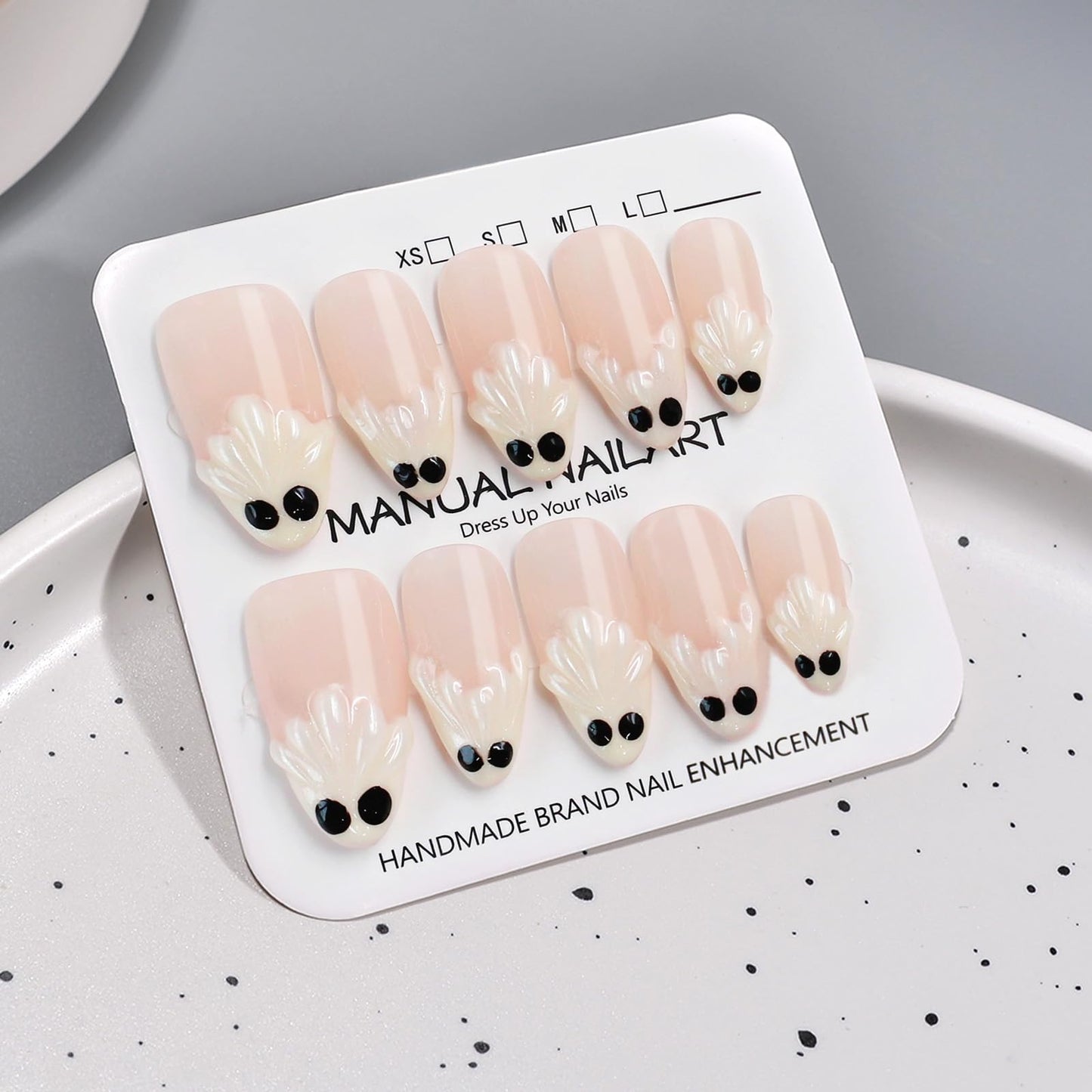 Halloween Press on Nails Handmade White Little Ghost French Tip Fake Nails with Designs Medium Almond False Nails Cute Spooky Halloween Thicked Stick on Nails for Women Holiday Nail DIY Decor (Size M)