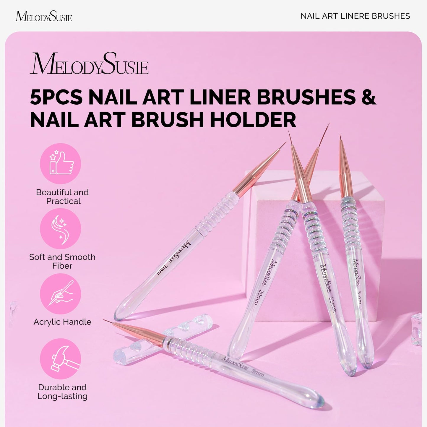 MelodySusie 1PC Round Shape Resin Nail Art Palette and 5Pcs Nail Art Liner Brushes with Nail Brush Holder