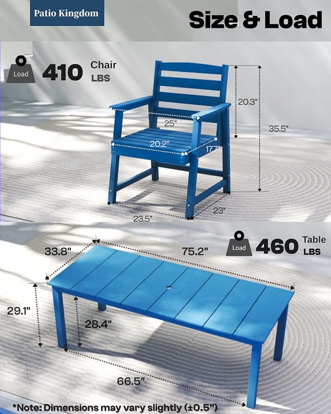 7-Piece Navy Blue Outdoor Dining Set for 6, 75.2'' HDPE Table with Umbrella Hole & Chairs, Weather-Resistant Patio Furniture for Garden, Lawn, or Poolside