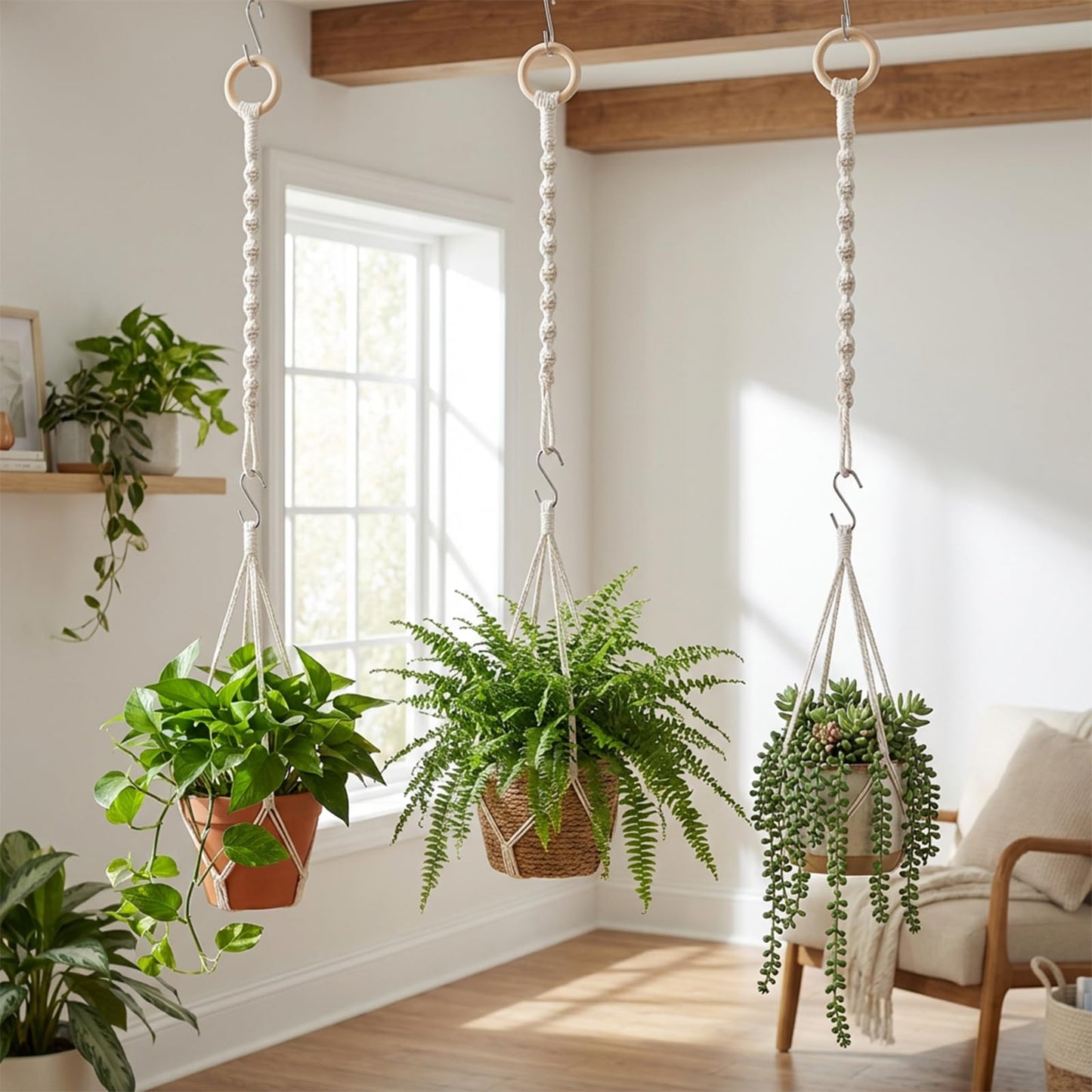Qulkws 3 Pcs Adjustable Macrame Plant Hanger Extenders with Wooden Ring Handmade Woven Hanging Basket Extension Connectable Rope Hanging Plant Extender for Outdoor Indoor Plants Pot Holder Home Decor