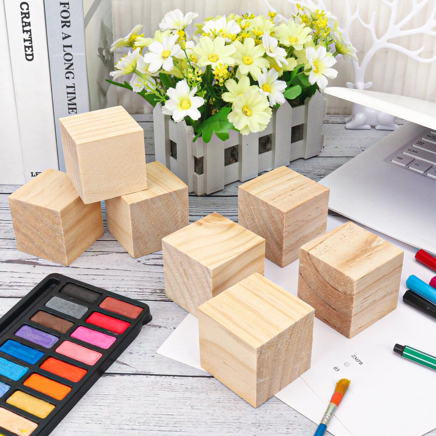 Geytetqi 84 PCS Premium 2 Inch Wooden Cubes, Natural Pine Wood Cubes for Crafts, Wood Blocks Ready for Artistic DIY Projects-Unleash Creativity with Blank Wood Blocks