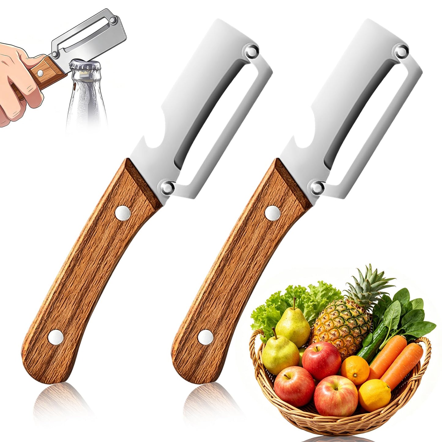 2pcs,Multi-Functional Vegetable Peeler for Kitchen, Ultra-Sharp Stainless Steel Blade with Wooden Handle & Bottle Opener, Ergonomic Fruit and Potato Peeler