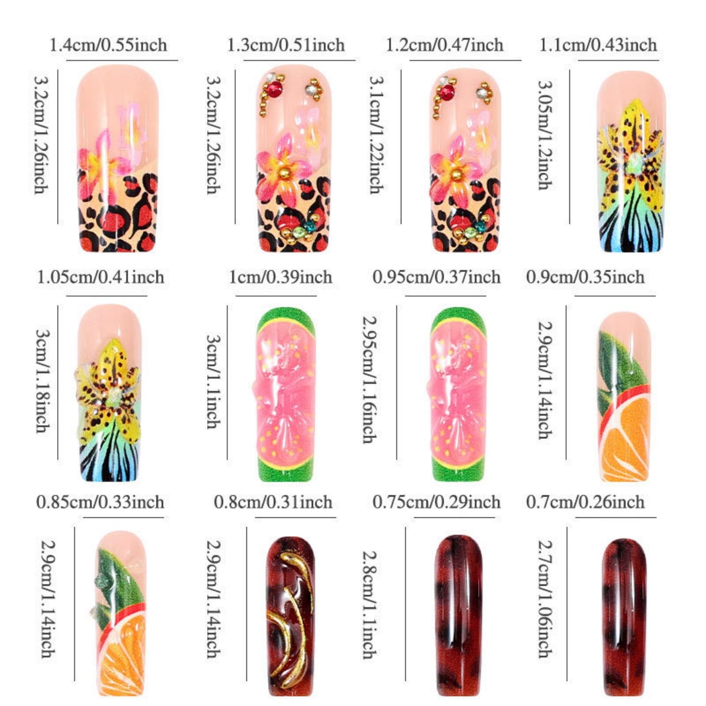 Long Press on Nails Square Fake Nails Multicolor Tropical Acrylic Nail Press Ons Seeneey 3D Flower and Fruit Leopard Designs Summer Beach Extra Long Stick on Nail for Women 24pcs