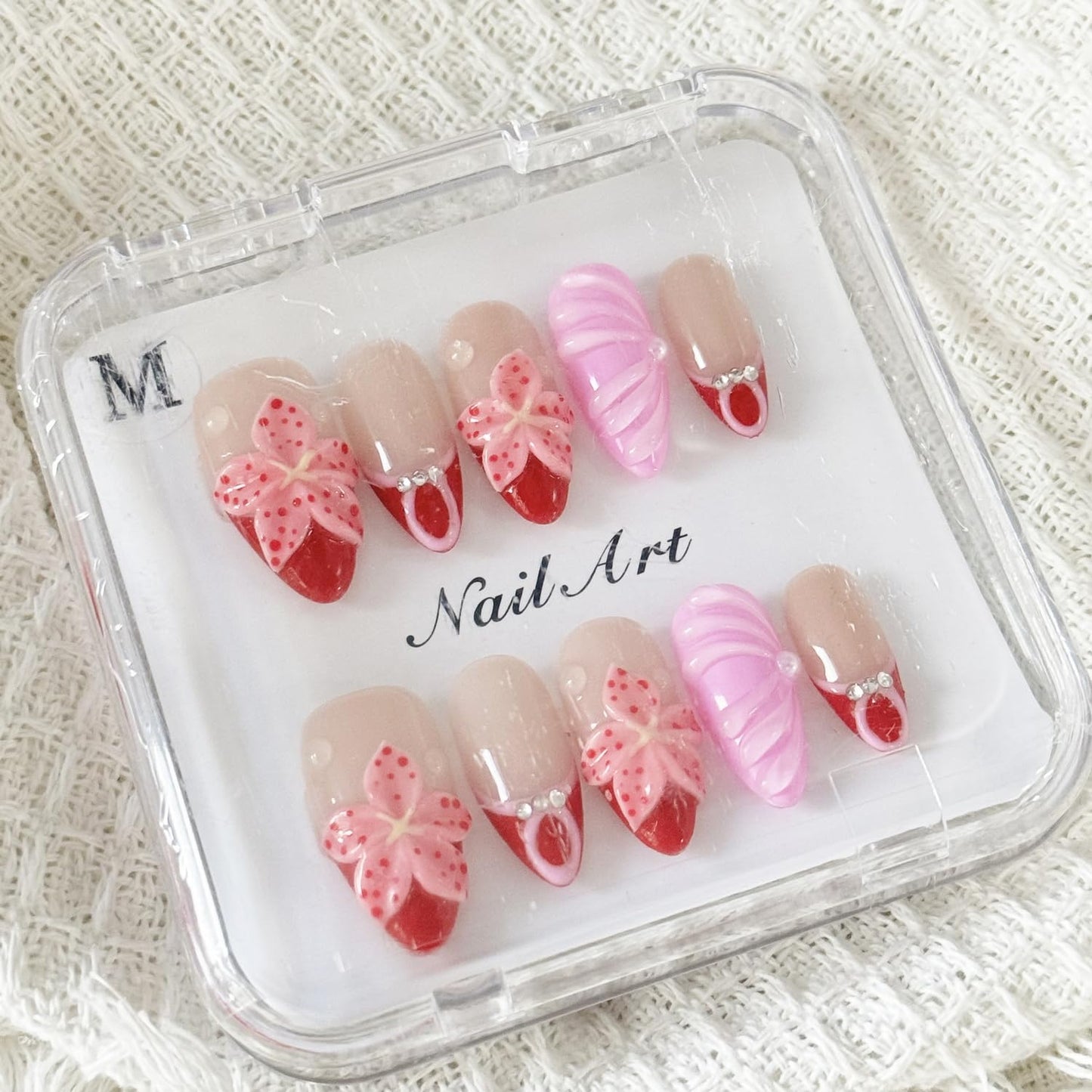 10PCS Handmade Press on Nails Red French Tip Press ones Medium Almond Trendy Flower Stick on Nails with designs Acrylic Nails Pink Gel Glue on Nails for Women Beach False Nails （M Size）