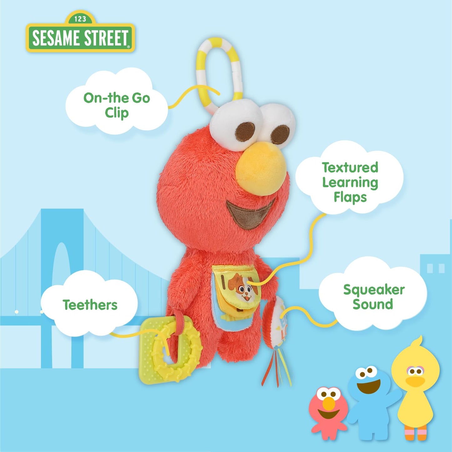 Kids Preferred Sesame Street Elmo Activity Toy with Teething Rings, Crinkle Sounds, and On The Go Clip for Babies and Infants