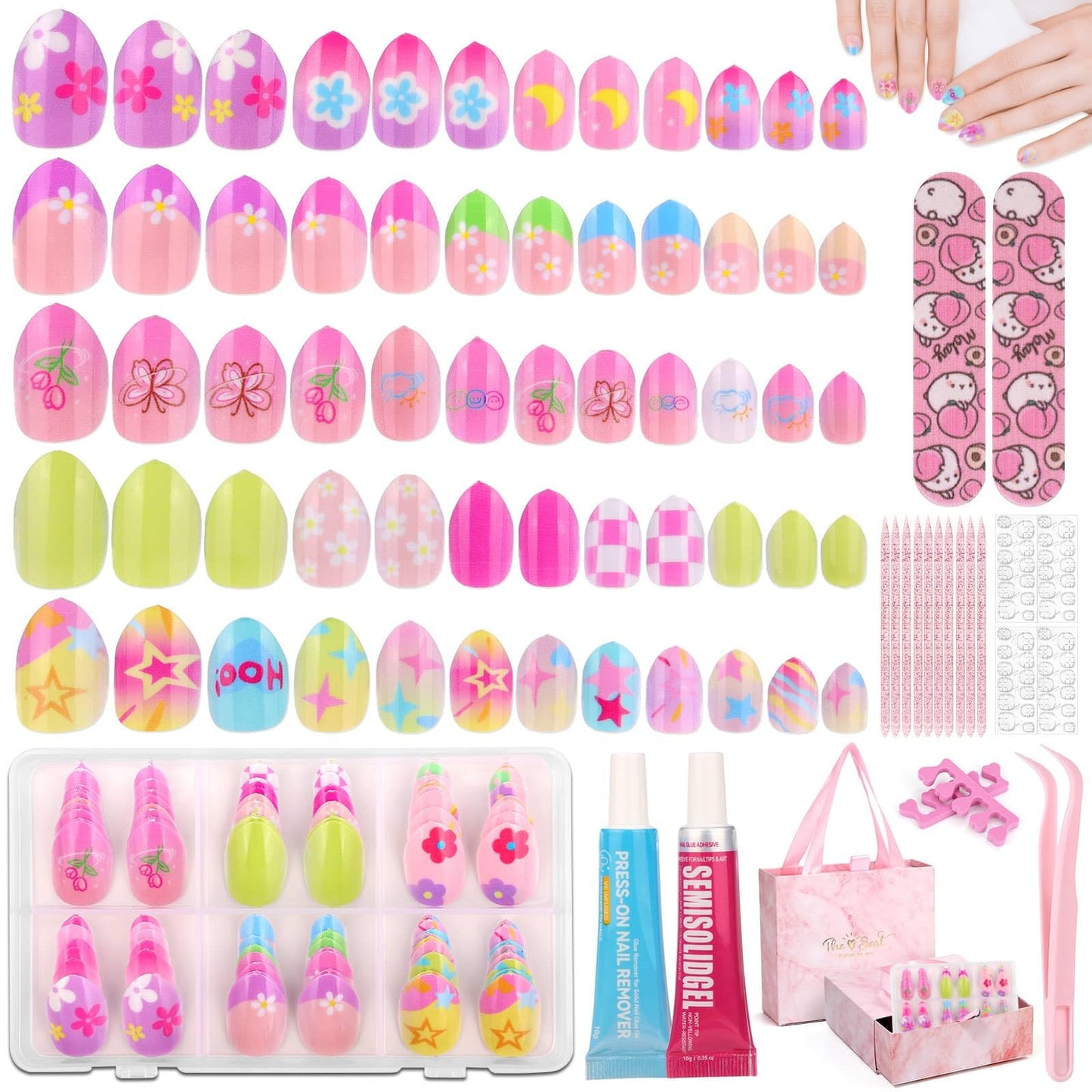 144 Pcs Press on Nails with Glue, Almond Fake Nail Stick on Nails Kit with Jelly Stickers & Nail Builder Adhesive Cute Acrylic Nails Stuff for Gift