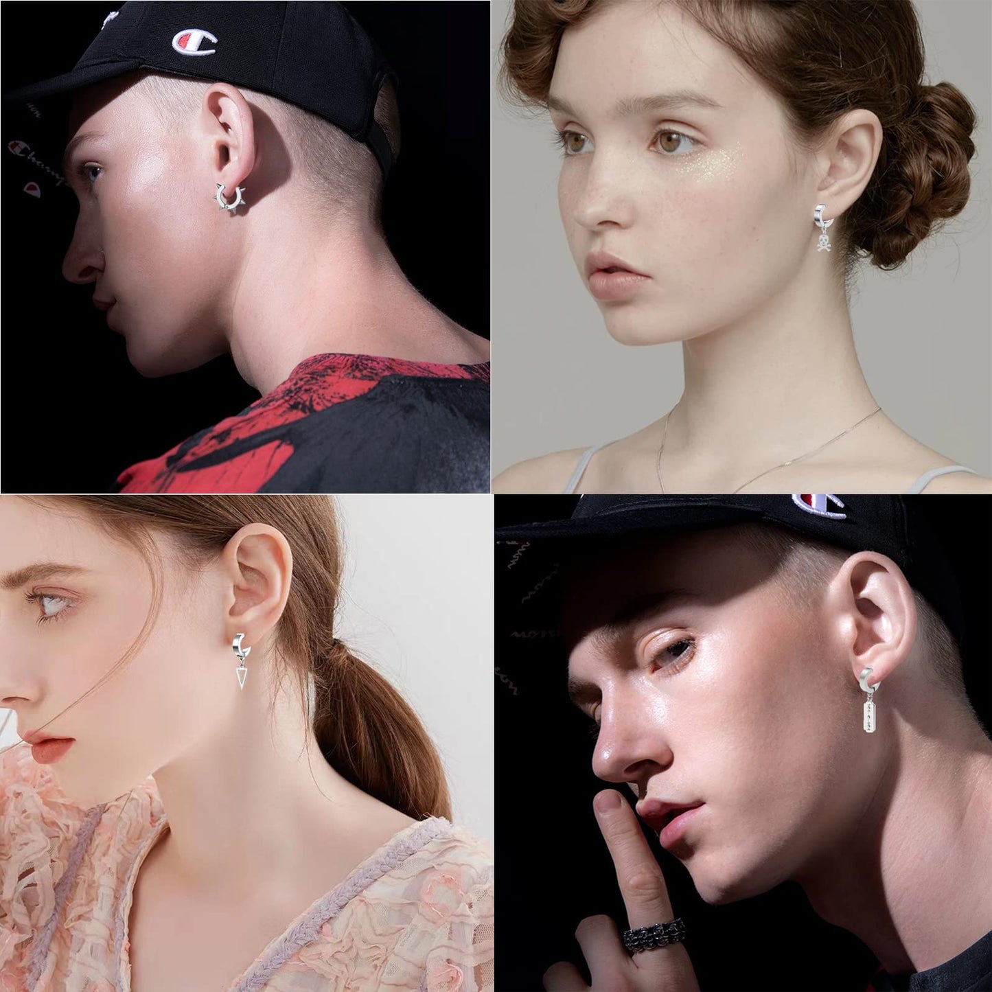 14 Pcs Silver Punk Stainless Steel Fake Piercing Cross Dagger Sword Spike Rivet Triangle Dangle Tassel Clip on Hoop Earrings Set for Women Men, Non Pierced Fake CZ Stud Earrings