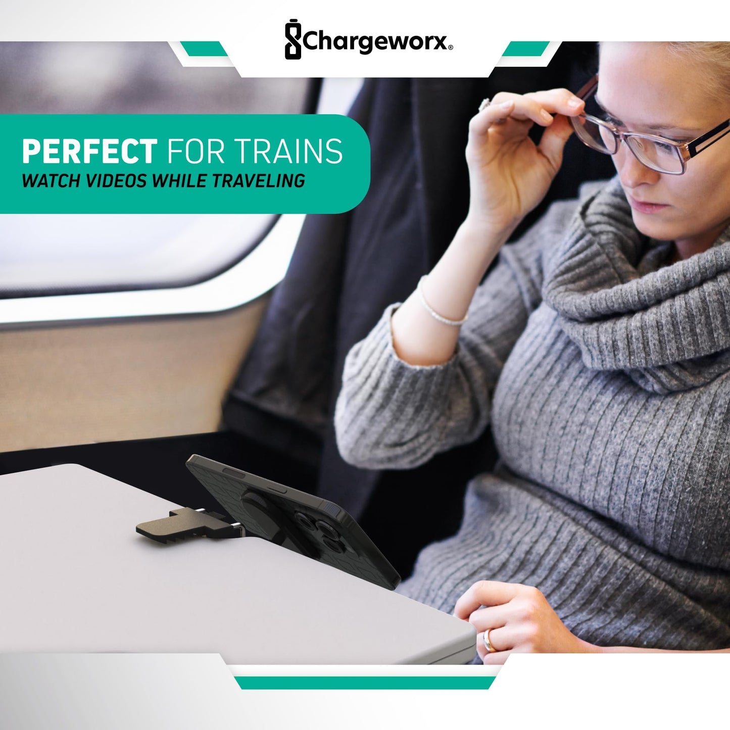 CHARGEWORX in-Flight Magnetic Phone & Tablet Mount for Airplanes, MagSafe-Compatible Travel Phone Holder for Tray Tables, 360° Rotating & 90° Pivoting Airplane Phone Stand with Travel Pouch