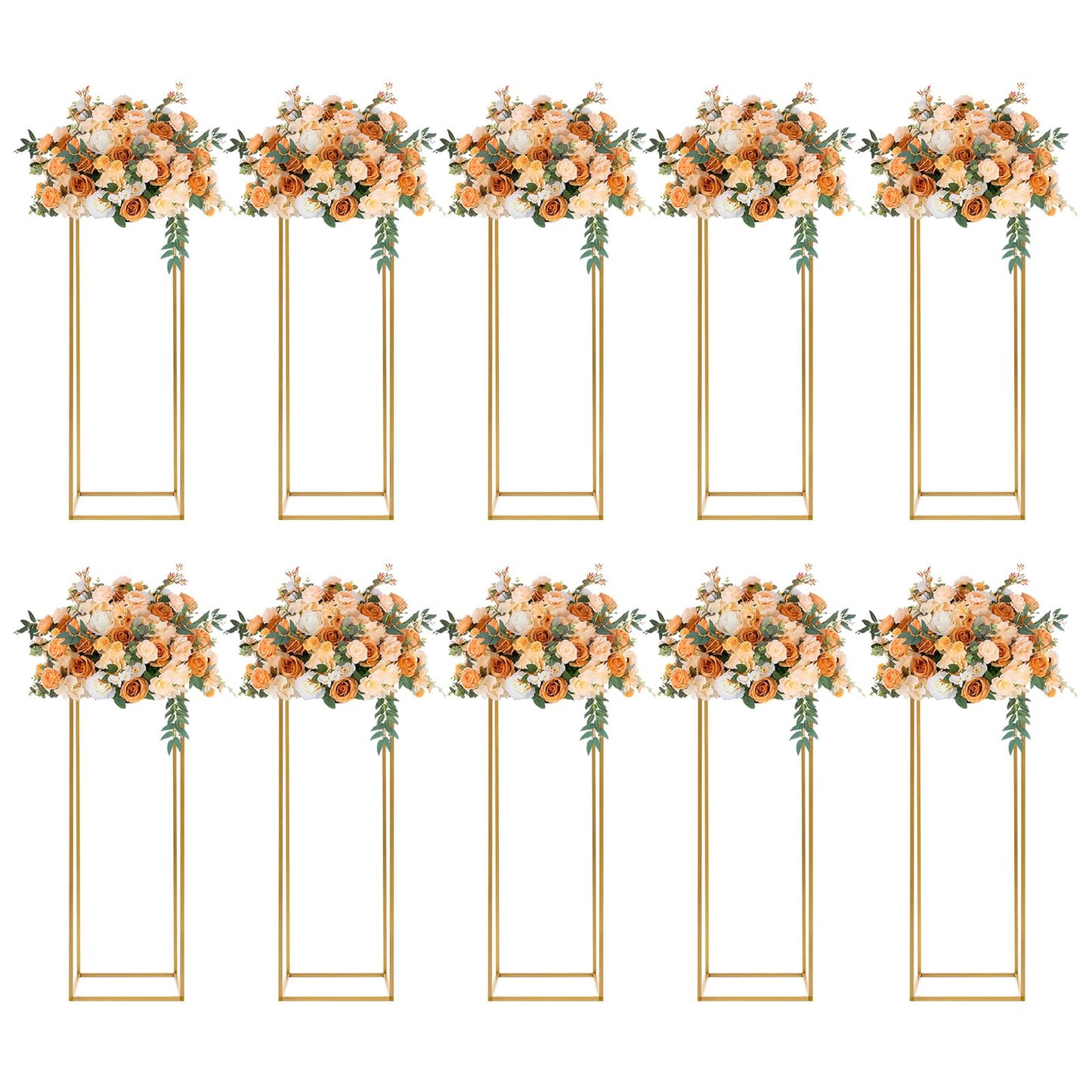 10 Pack 31.5 Inch Gold Wedding Flower Stand Metal Vase Column Stand Geometric Centerpiece Vase for Home Party Wedding Decorations, Rectangular Flower Display Rack