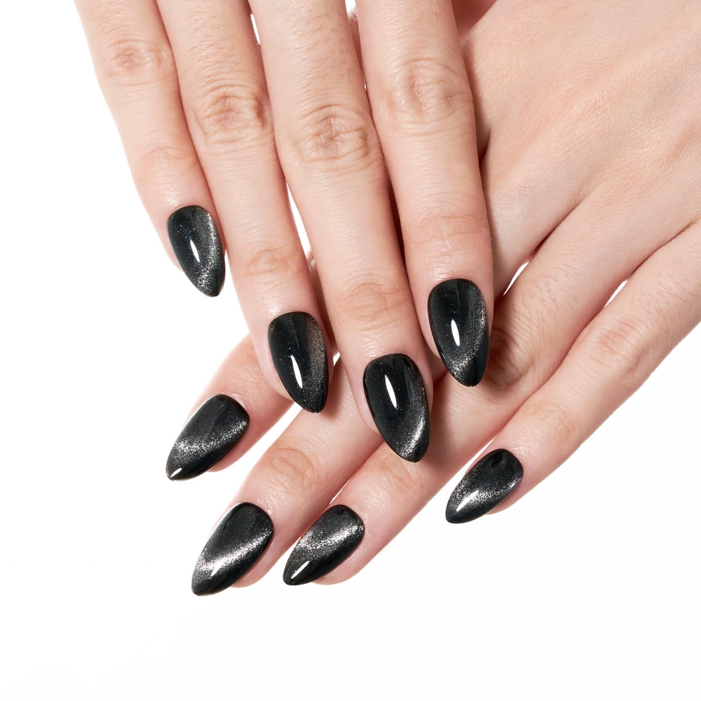 Black Press On Nails Short Almond Cat Eye False Nails with Handmade Jelly Magnet,Stiletto Glue On Nails-24Pcs Fake Nails Kit，Opal