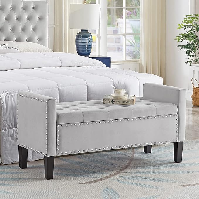 24KF Velvet Modern Upholstered Tufted Button Storage Bench with Arms for Bedroom,Entryway Living Room Soft Padded Seat -Gray