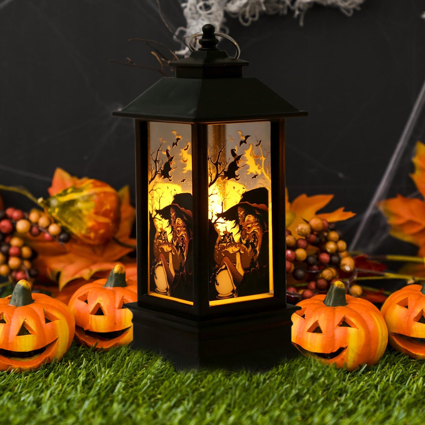 Blinket Halloween Lanterns Decorations 4 Pack, Battery Operated Black Pumpkin Witch Lanterns, Flickering Light for Indoor Party Home Decor