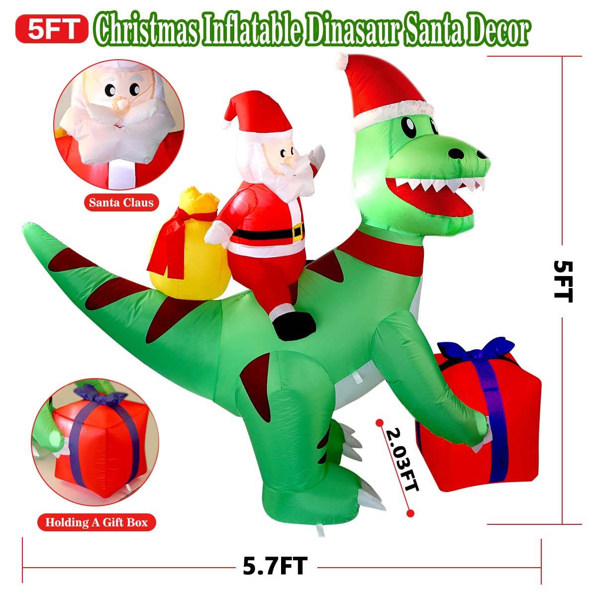 5 Ft Christmas Inflatable Dinosaur with Santa, LED Lights, Indoor Outdoor Holiday Yard Decor, Green T-Rex with Gift Box