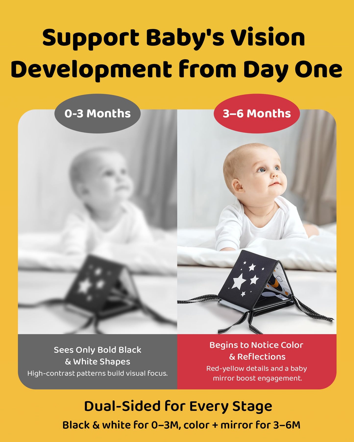 Black and White Baby Books for Newborn - Tummy Time Mirror & Sensory Toys Soft Montessori Toy for Infant Visual Stimulation, Brain Development & Early Learning - High Contrast Toys for 0-6 Months