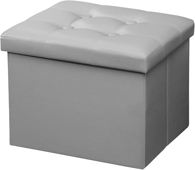 AmasSmile Storage Ottoman Folding Foot Rest Stool, Leather Footstool Bench, Short Ottoman Stool, Storage Foot Rest Store, Books (Grey, 17" D x 13" W x 13" H)