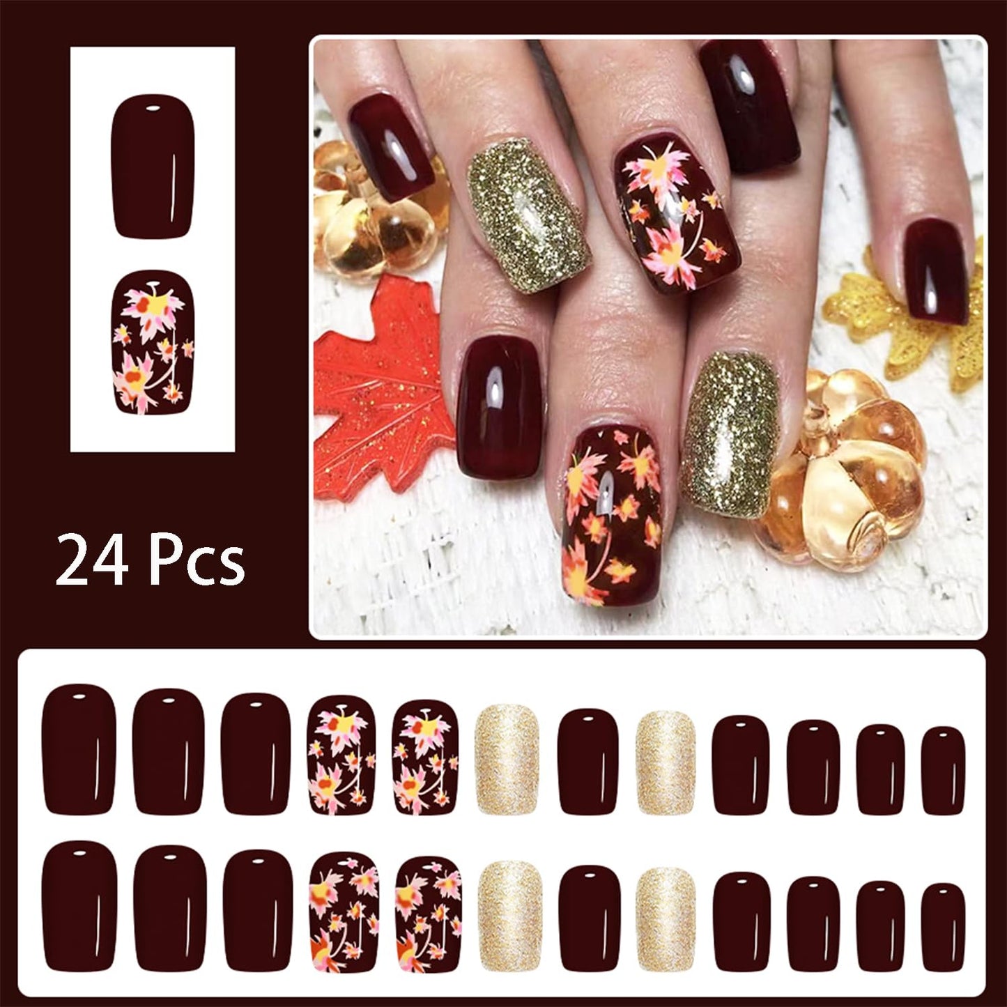24pcs Fall Press on Nails Short Square Thanksgiving Day Fake Nails with Glitter Design Maple Leaf False Nails Kit Wine Red Glue on Nails Autumn Maple Leaves Acrylic Full Cover Stick on Nails for Women