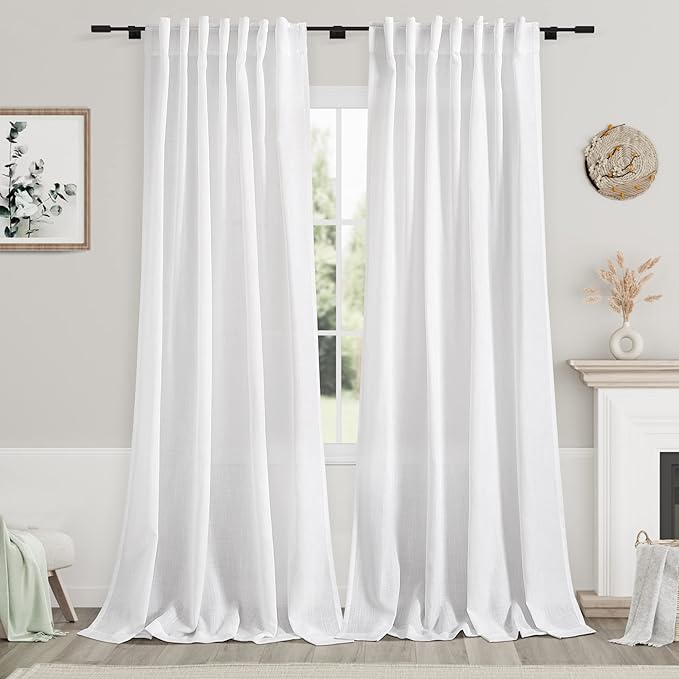 Nanspring White Linen Curtains for Living Room Farmhouse Light Filtering Semi Sheer Linen Drapes 106 Inches Long Extra Long Back Tab Curtains Ceiling to Floor for Large Window 2 Panels Set 52x106