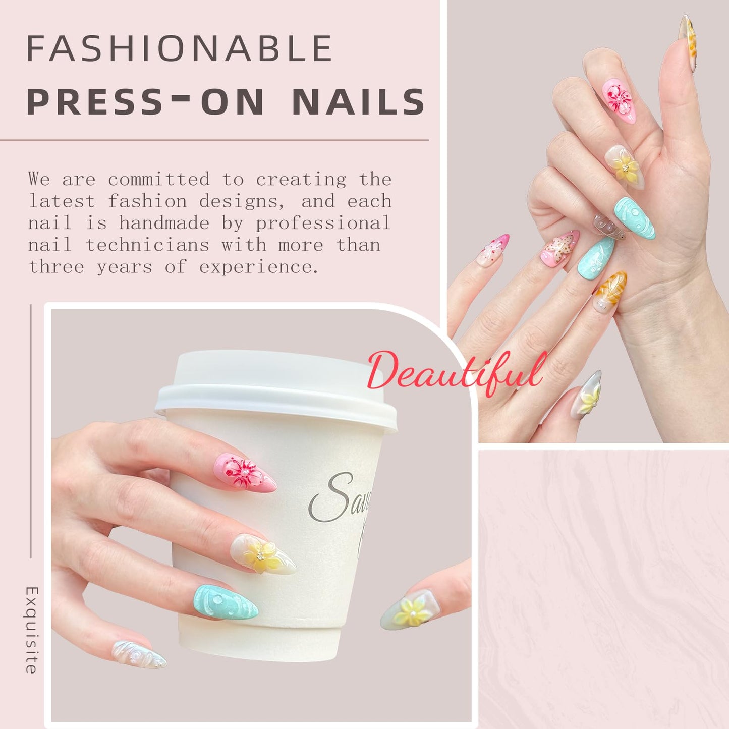 Luxury Handmade Press-On Nails – Medium Almond 3D Flower & Pearl French Tip, Blue Ocean Spring Pattern Reusable Acrylic False Nails (S-10PCS)