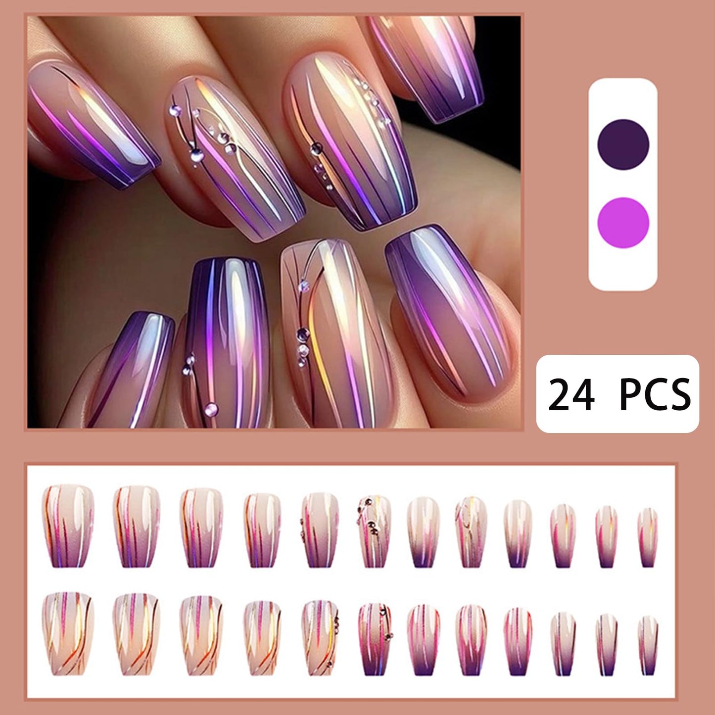 24 Pcs Magic Purple Gradient Press on Nails Medium Square Fake Nails Sparkly Curve Line with Diamonds Design False Nails Purple Gradient Acrylic Stick on Nails Glossy for Women Manicure Decoration
