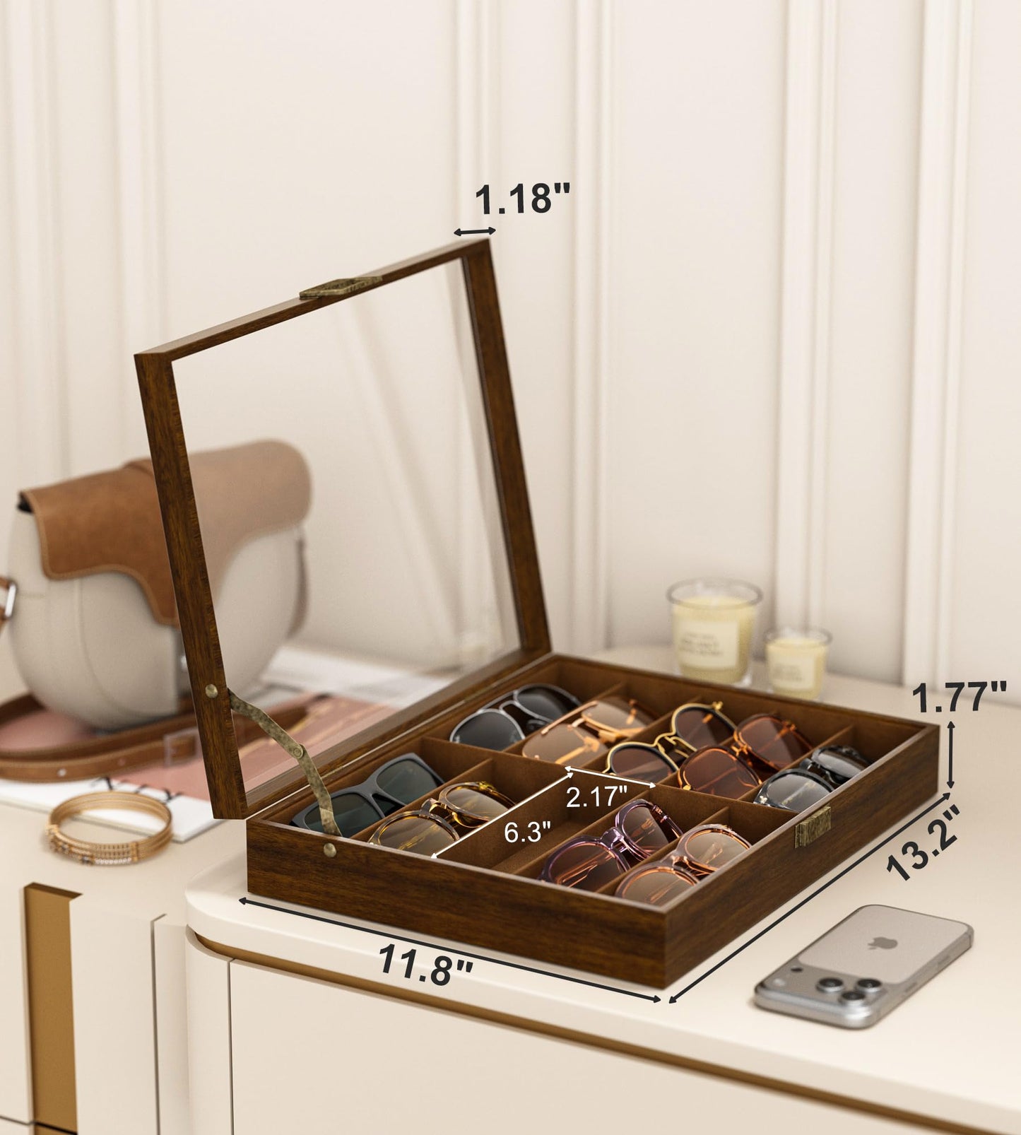 NEWLOOP Sunglass Organizer for Women Men - Multiple Pair of Sunglasses Storage Box Eye Glass Watch Display Case with 10 Slots Wooden