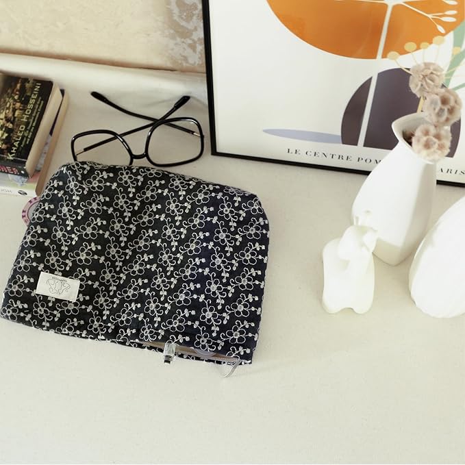 HAPPYHEIDI Soft Embroidered Floral Makeup Bag Cosmetic Travel Pouch, Canvas Lined, Make Up Purse Organizer,Cute Black