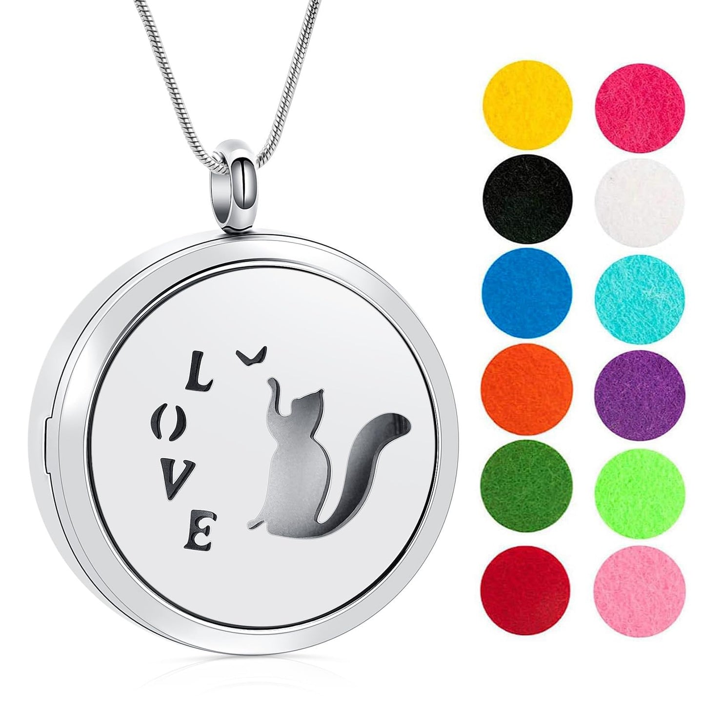 Minicremation Stainless Steel Paw Print Round Perfume Essential Oil Diffuser Pendant Necklace Women Aromatherapy Essential Oil Diffuser Locket Pendant Necklace, with Refill Pads (Silver-Cat)