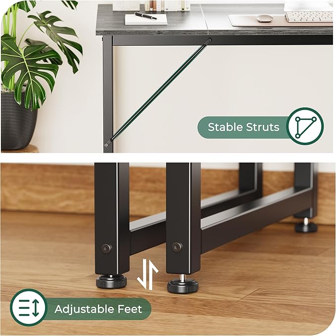 Huuger Computer Gaming Desk, 63 Inch Office Desk with Storage, Writing Work Surface for Home Office, Study, Modern Simple Style, Large Legroom, Metal Frame, Grey