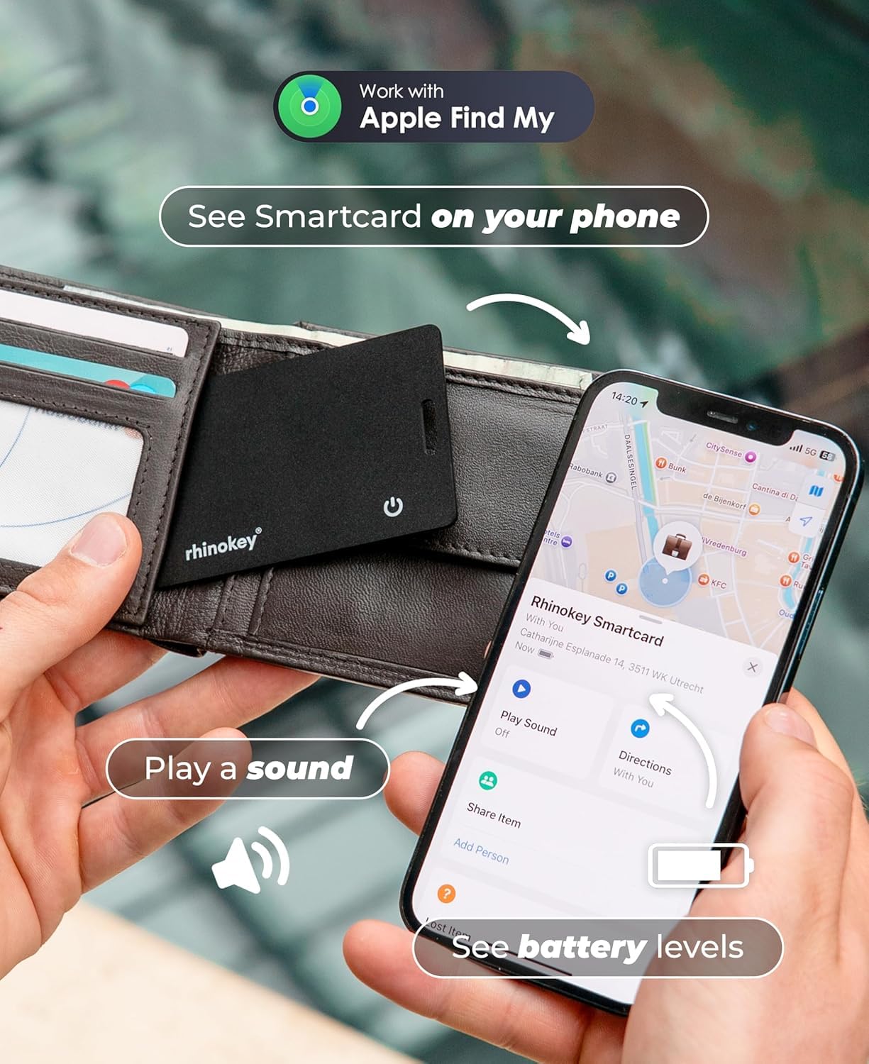Rhinokey® Apple MFi Certified Wallet Tracker Card Works with Apple Find My (iOS Only) Slim 0.07in Rechargeable IP68 Waterproof Tracker Item Finder Credit Card Tracker with Keychain Hole for Luggage