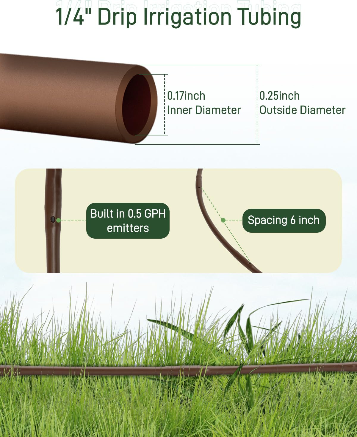 1/4" Drip Irrigation Tubing with 6" Emitter Spacing, (650 Ft Roll) Hydroponics Dripline with Built-in 0.5 GPH Dripper, Saving 80% Water, Drip Line for Garden Irrigation and Raised Beds (Brown)