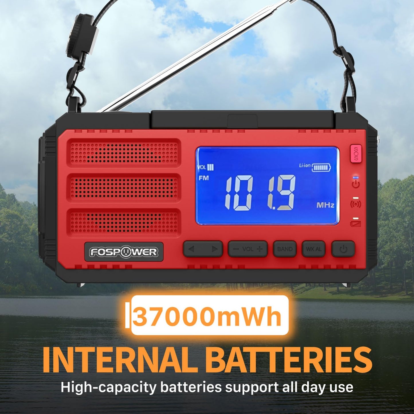 FosPower NOAA Emergency Weather Radio D8 37000mWh Portable Power Bank, AM/FM, USB/Solar/Hand Crank Charging, SOS Alarm & Flashlight for Indoor/Outdoor Emergency - Red