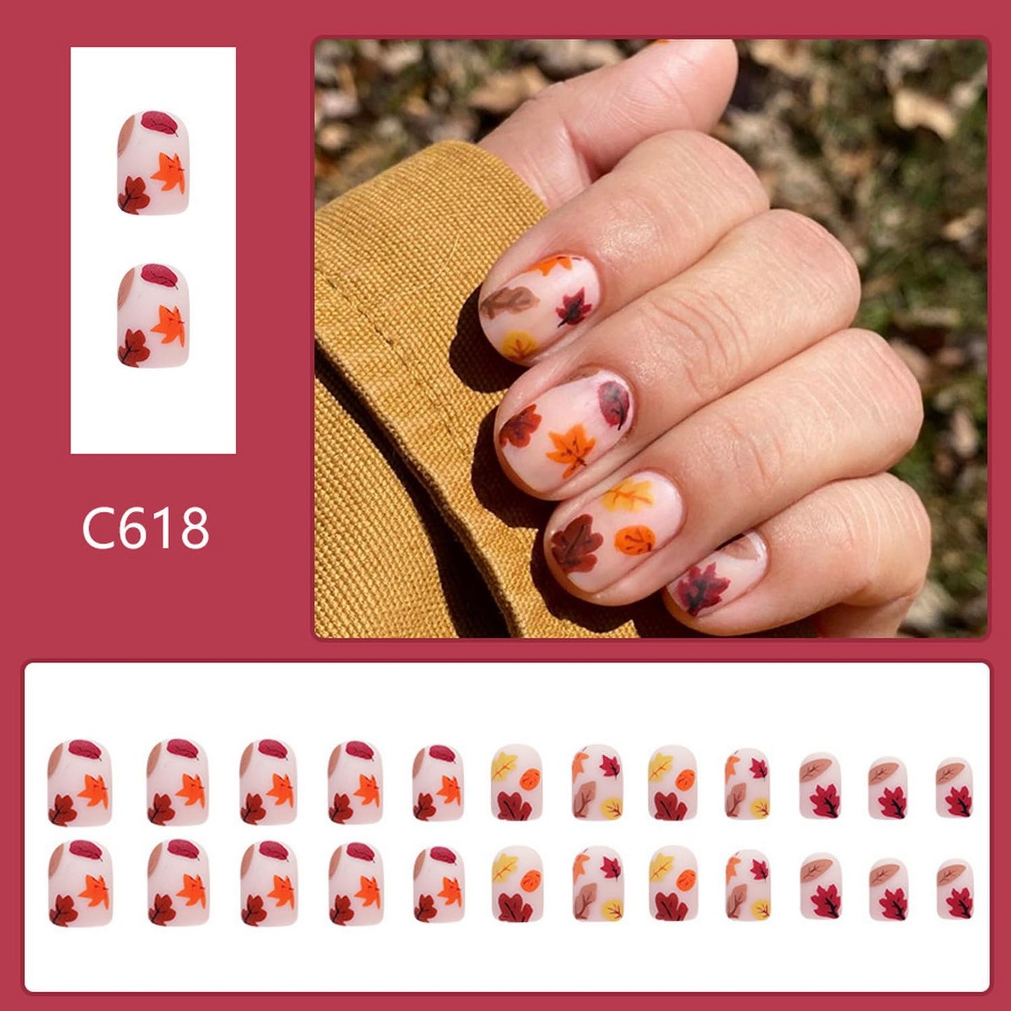 24pcs Short Square Fake Nails Fall Nails Press on Nails Thanksgiving Acrylic Nails Matte with Fall Leaf Design Autumn Maple Leaf Decoration Full Cover Press ones Stick on Nails for Women