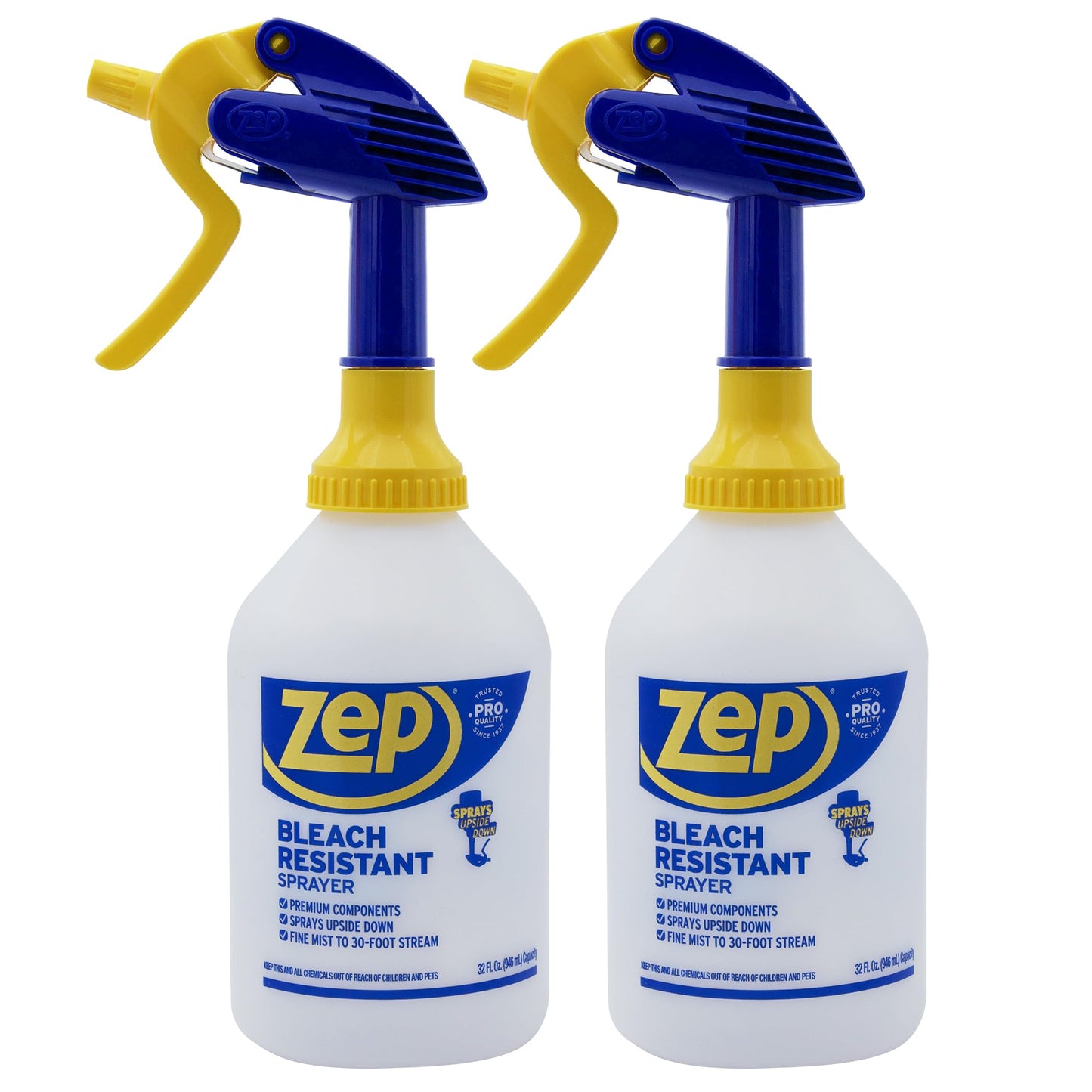 Zep Bleach Resistant Professional Sprayer Bottle - 32 oz (Pack of 2) - ZUPRO2-30 Foot Stream Spray or a Fine Mist, Adjustable Nozzle Measurements, Bleach Resistant for Up to a Year