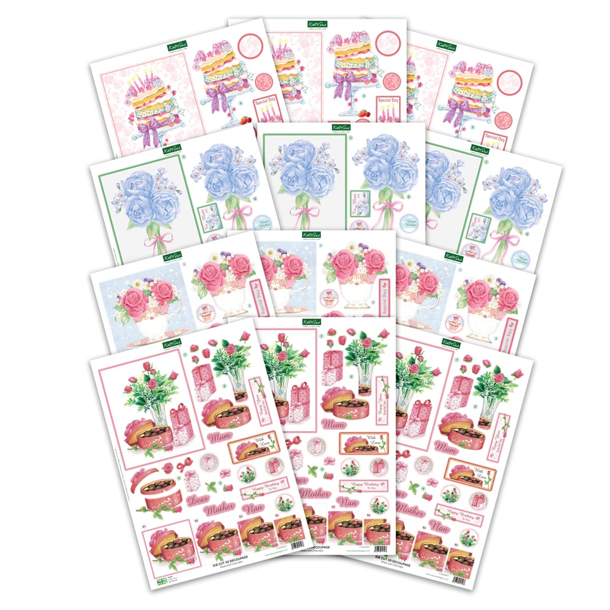 Katy Sue Designs Birthday Cake & Flowers 3D Die-Cut Decoupage Sheets for Card Making. A Pack of 12 Sheets of Birthday & Floral-Themed Die Cuts for Card Making Supplies & Scrapbooking